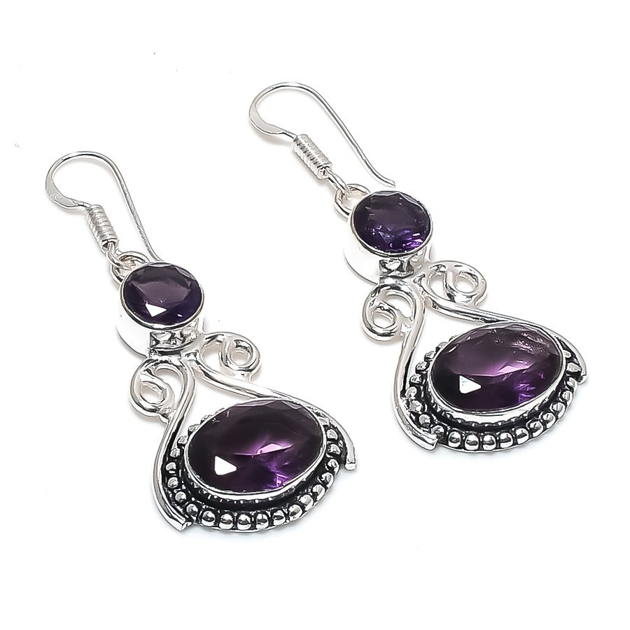 Purple Amethyst Gemstone Handmade 925 Sterling Silver Jewelry Earring Size 2"