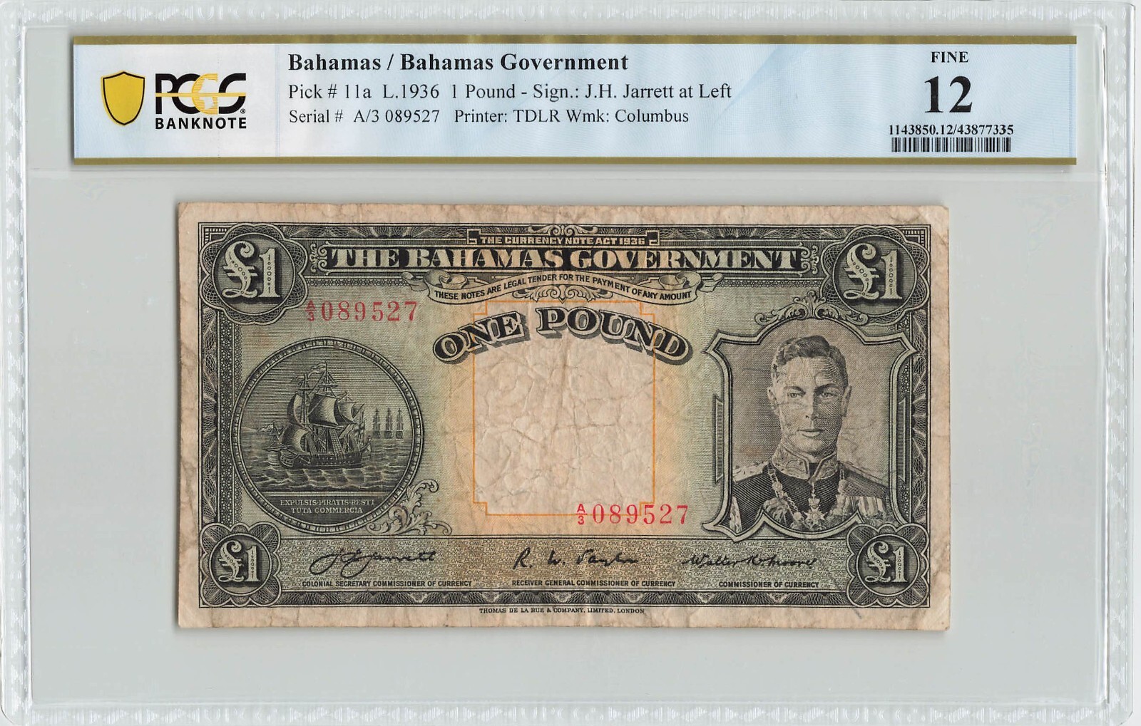 BAHAMAS 1 Pound 1936, P-11a Sign: Jarrett, RARE 1st Type, PCGS Fine 12, 089527