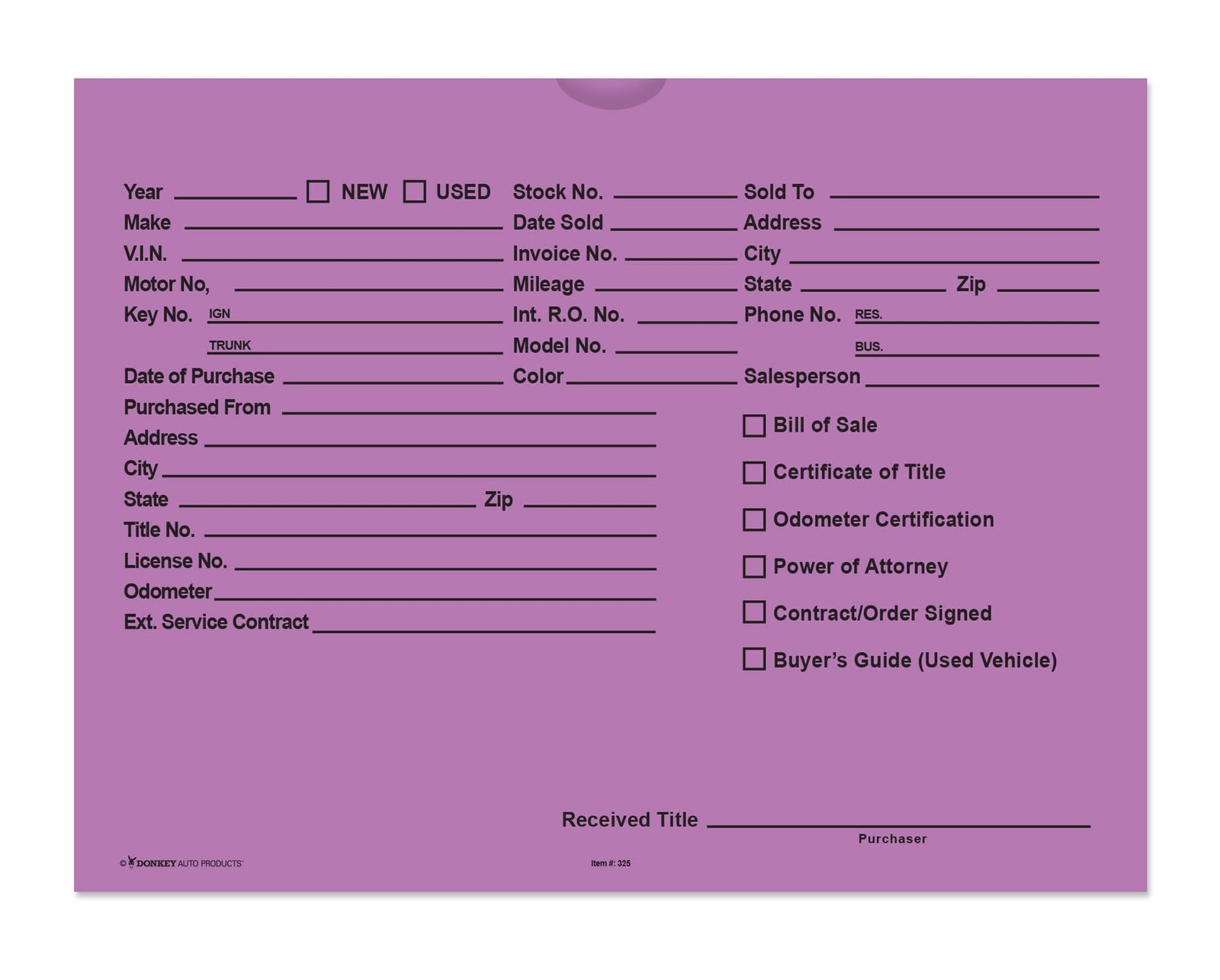 Printed Vehicle Deal Envelopes 9x12 Deal Jackets 100 Shrink Wrapped Lavender