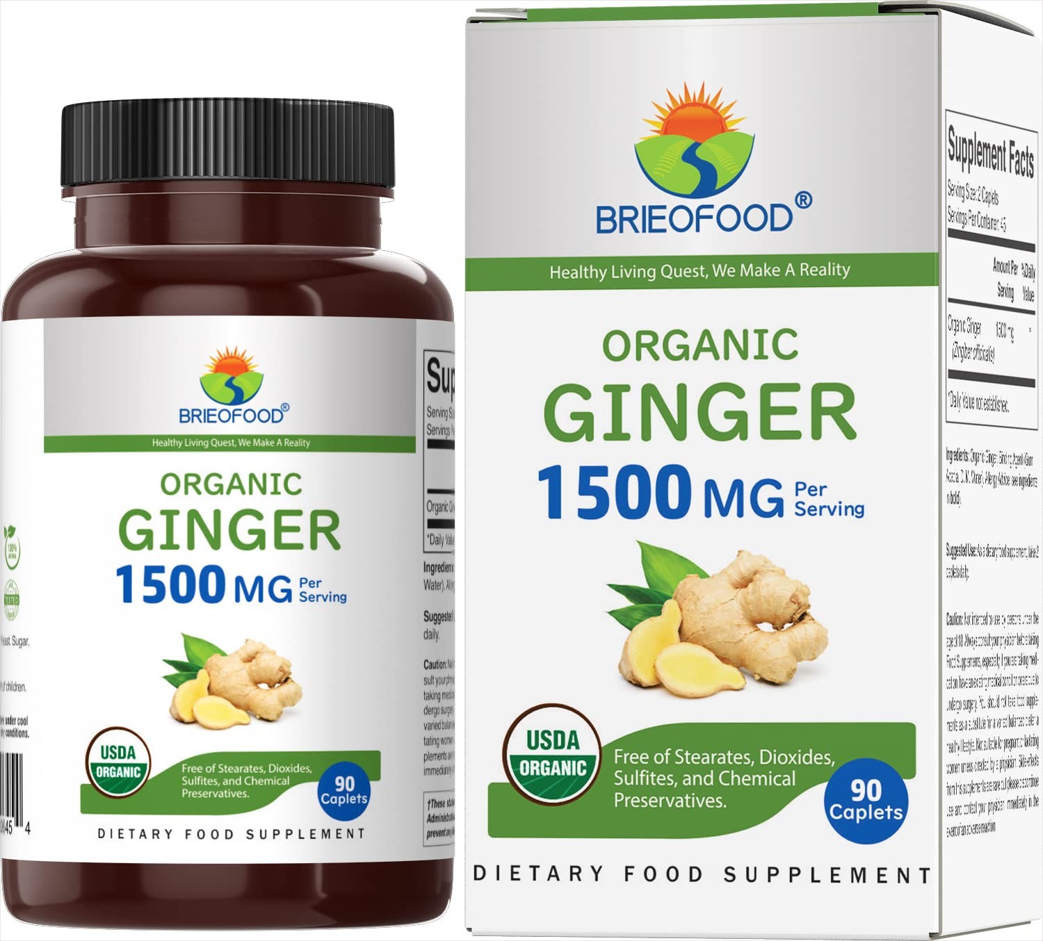 Brieofood Organic Ginger 1500mg, 45 Servings, 90 Count (Pack of 1)