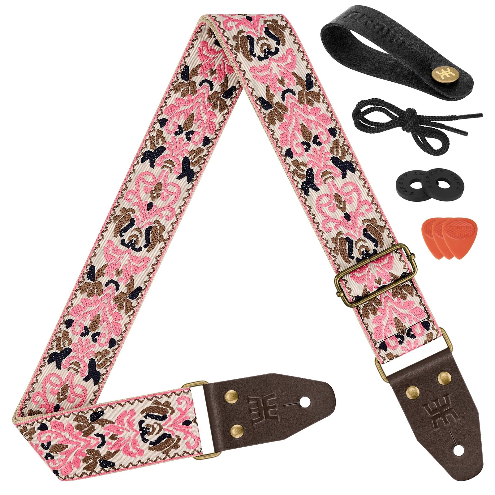 Amumu Pink Spades Heart Embroidery Guitar Strap - Vintage Style with Top Grai...