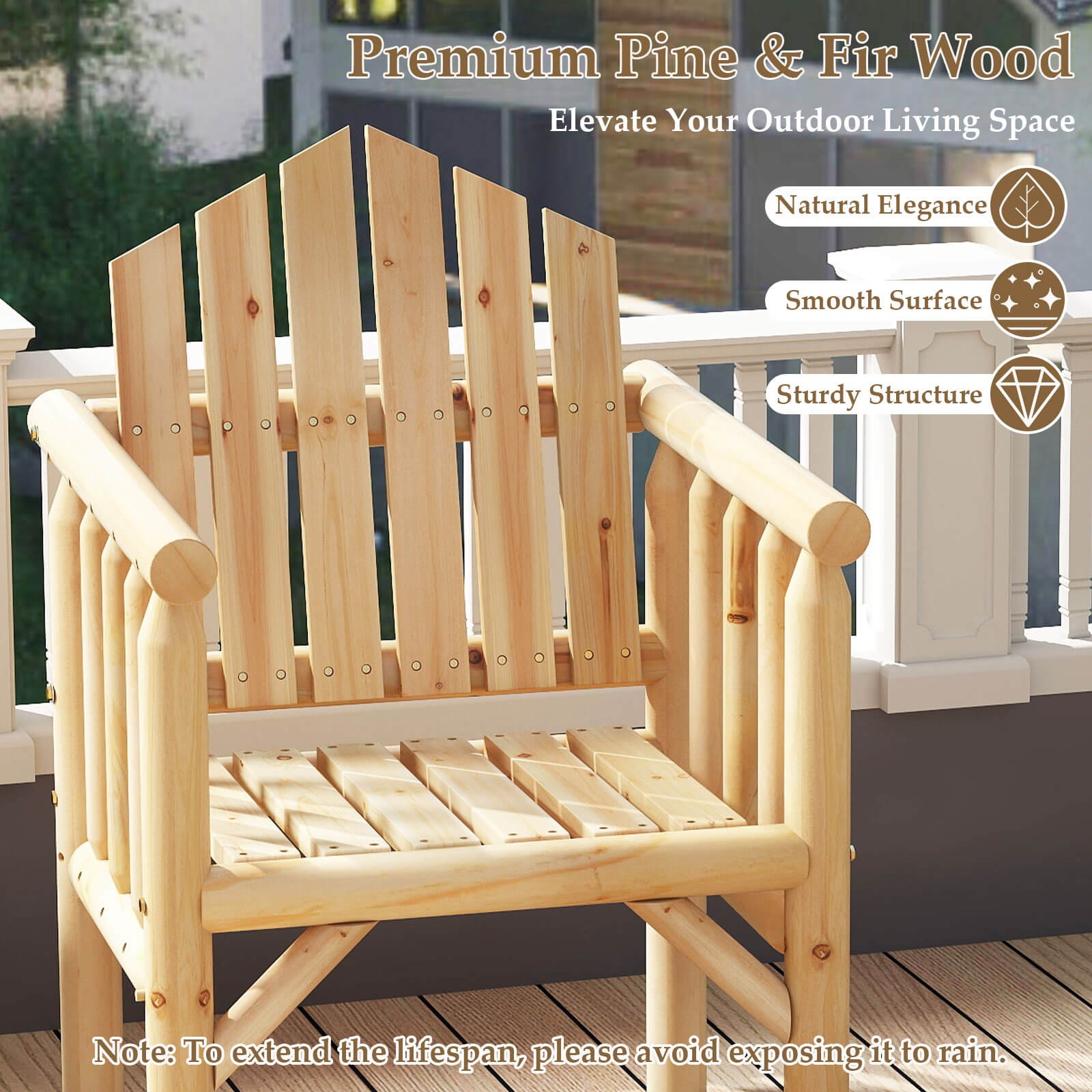 Outdoor Wood Armchair w/Armrests and Reclined High Backrest for Porch, Backyard