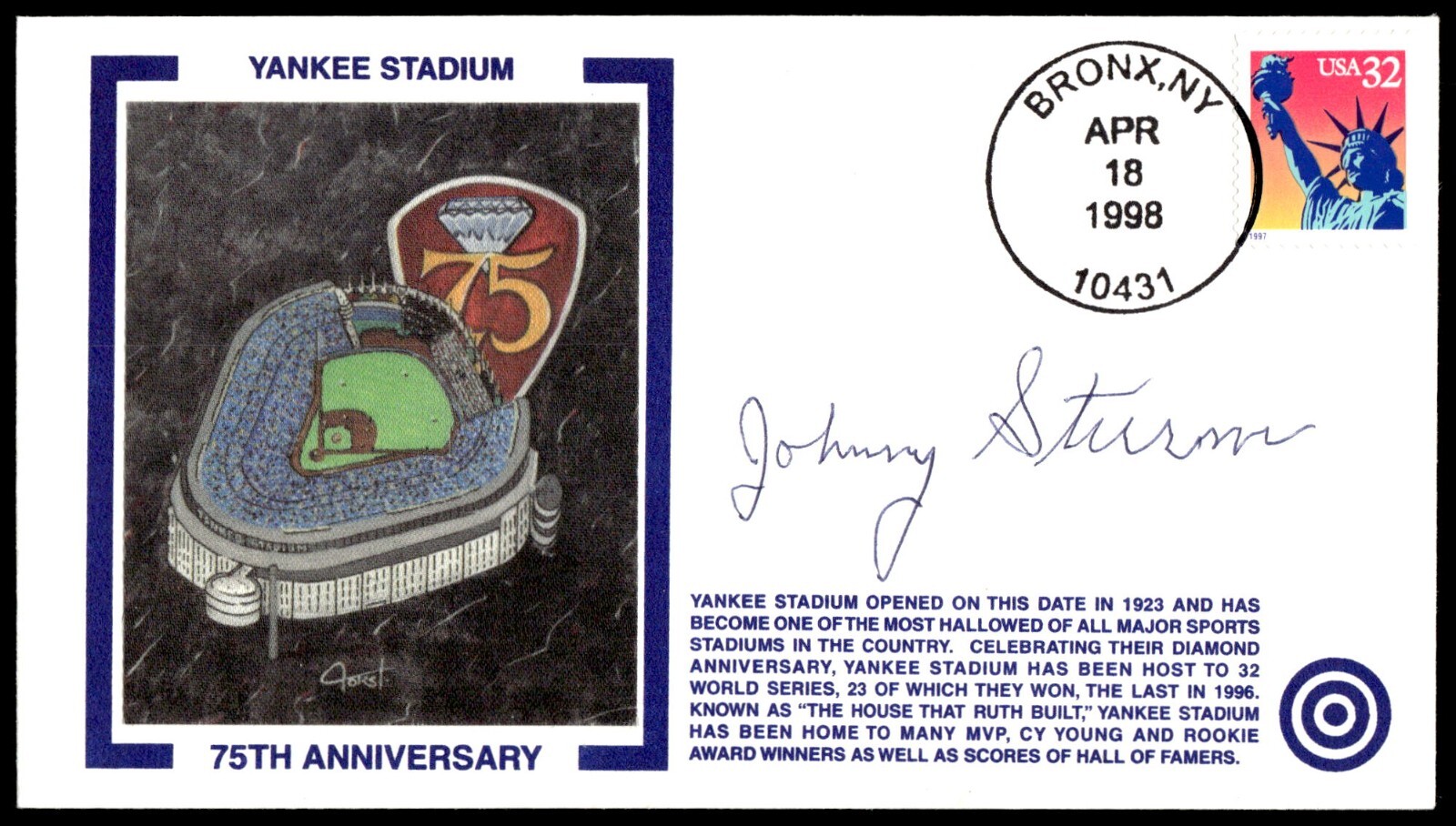 Johnny Sturm Signed 1st Day Cover AUTO Ltd. Stadium Cachet MLB NY Yankees 1941!