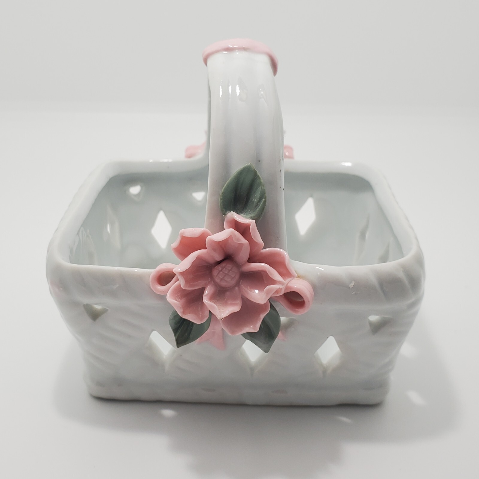 Porcelain Basket Decorative Hand Painted Flowers Miniature.