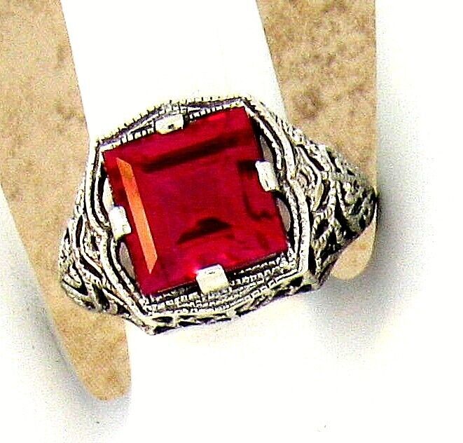 DECO ANTIQUE STYLE 925 STERLING SILVER 5 CT LAB-CREATED RUBY FILIGREE RING #109