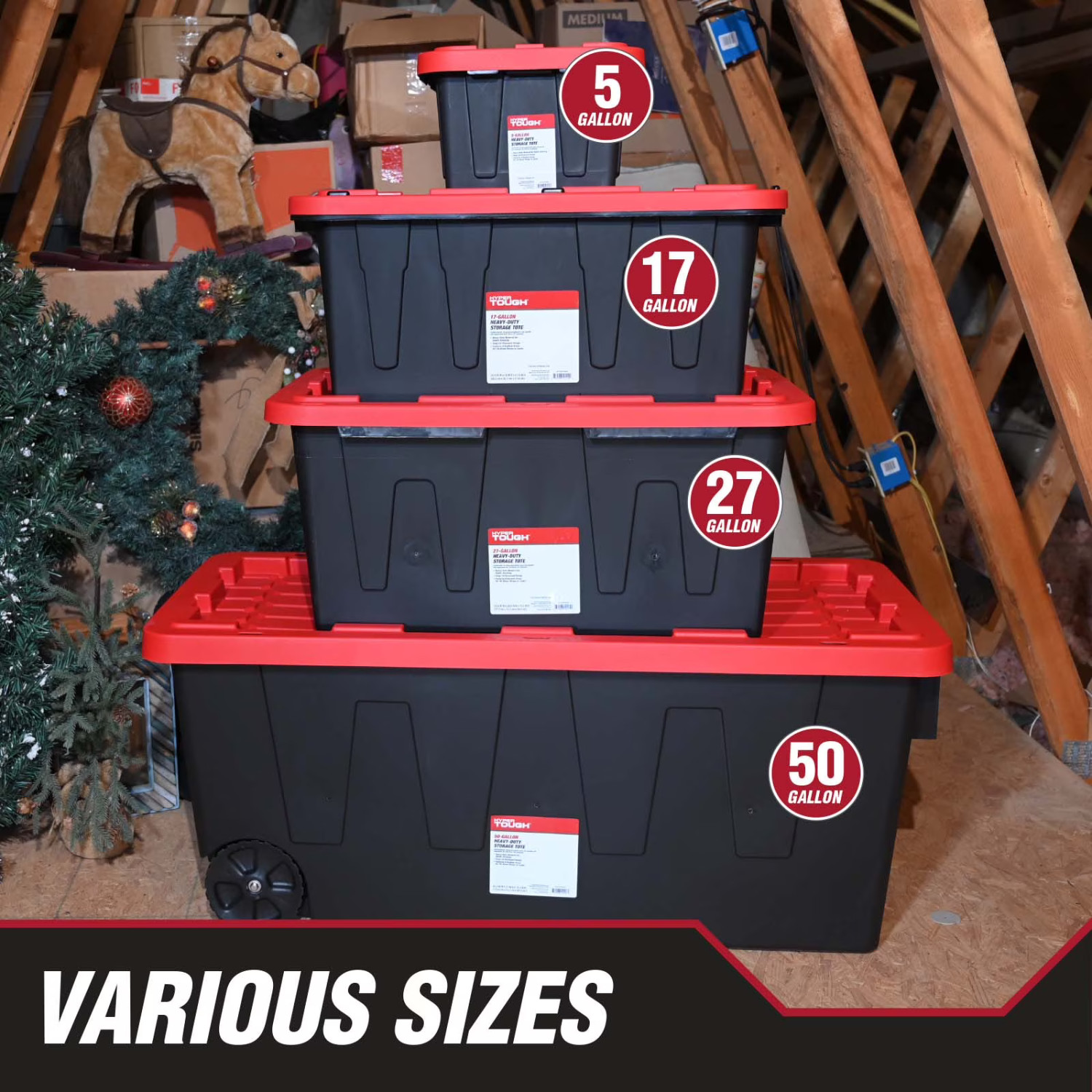 (4 Pack) Hyper Tough 27 Gallon Storage Bin Snap Lid Heavy Duty Plastic Black Red