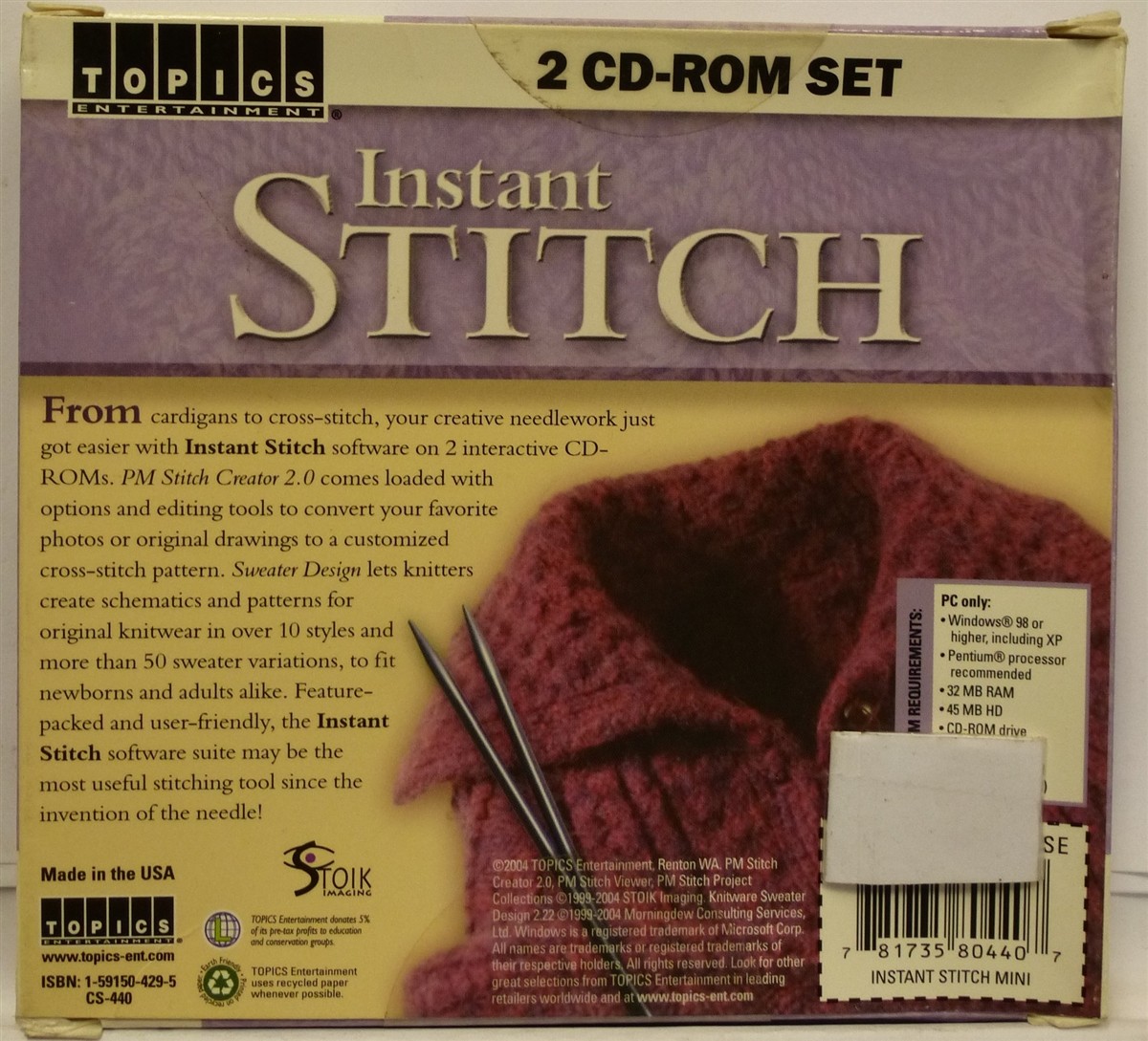 Software PC Instant Stitch PM Stitch Creator 2.0 Sweater Design 2-Discs NEW