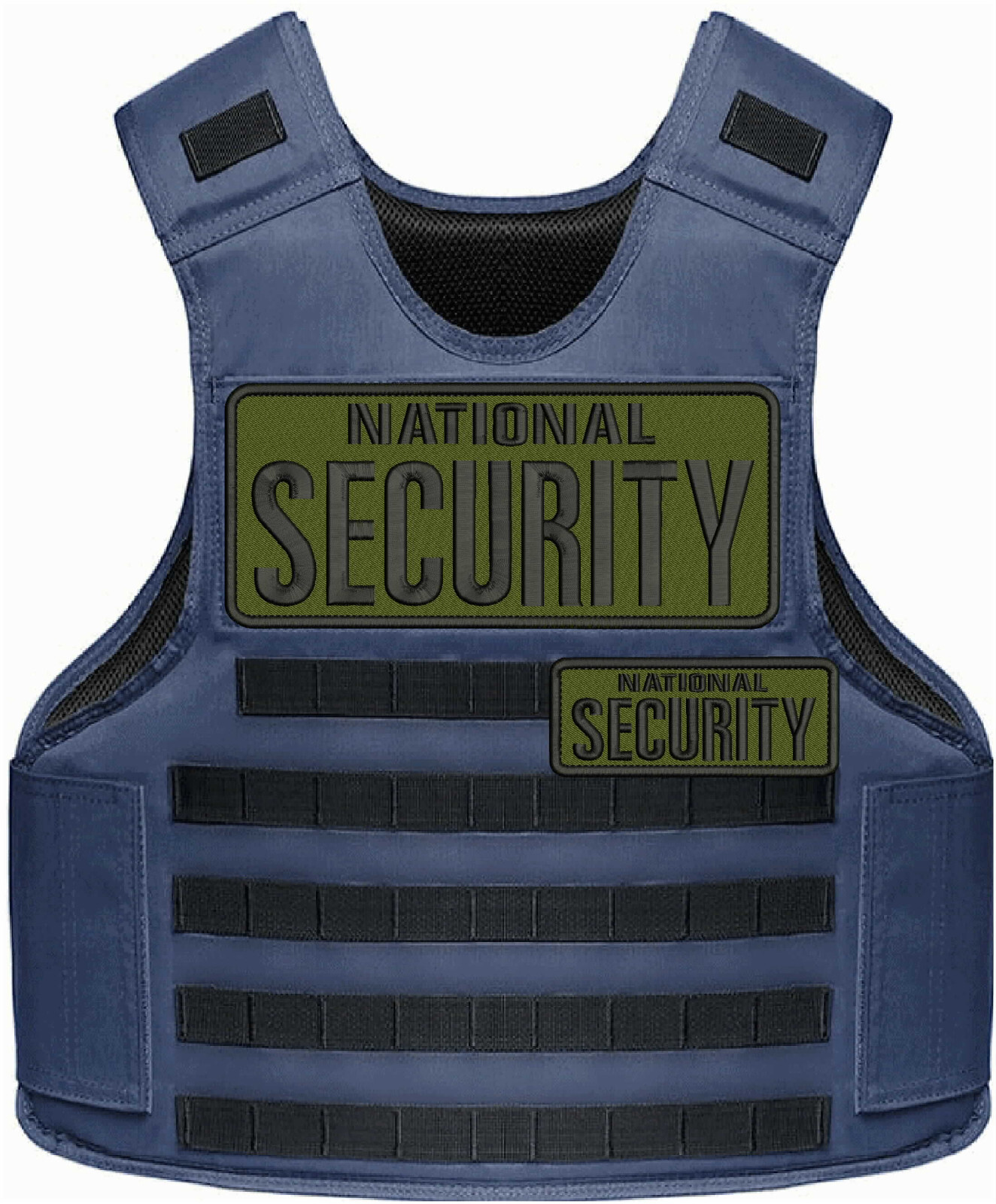 NTL SECURITY 2 EMBROIDERY PATCH 4X10 AND 2X5  VELCR@ ON BACK  BLACK ON OD GREEN