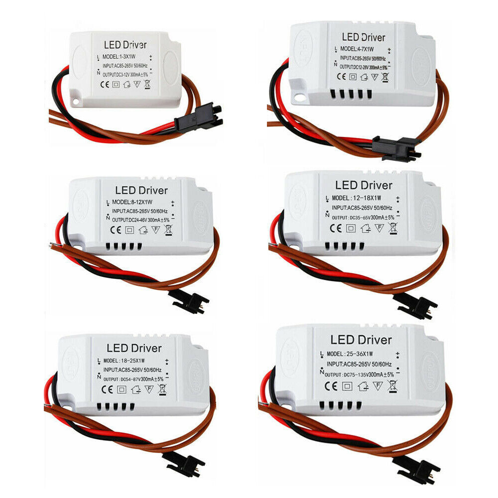 1-3W 4-7W 8-12W 12-18W 18-25W 25-36W LED Driver 300mA AC 110V-220V / DC 12V-135V