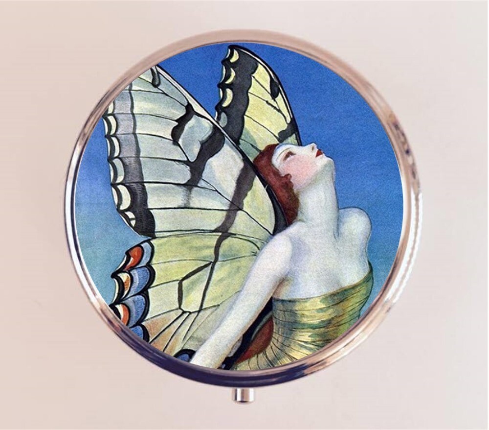 Butterfly Flapper Pill Box Case Pillbox Holder Trinket Travel Art Deco Fairy