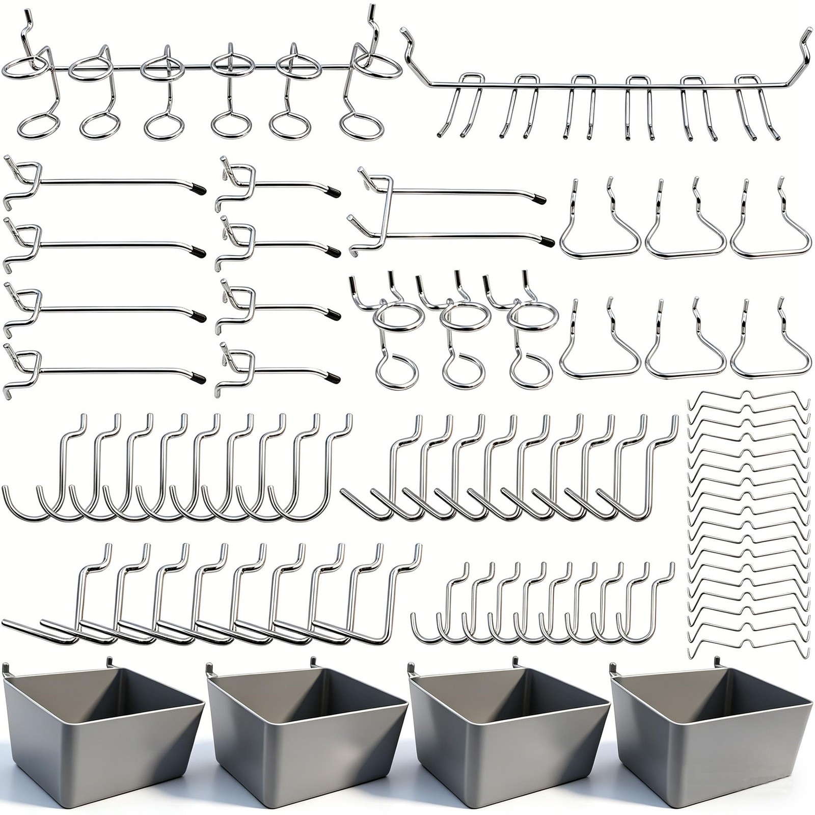 FRIMOONY Pegboard Hooks Assortment with Bins, Peg Locks, for Silver