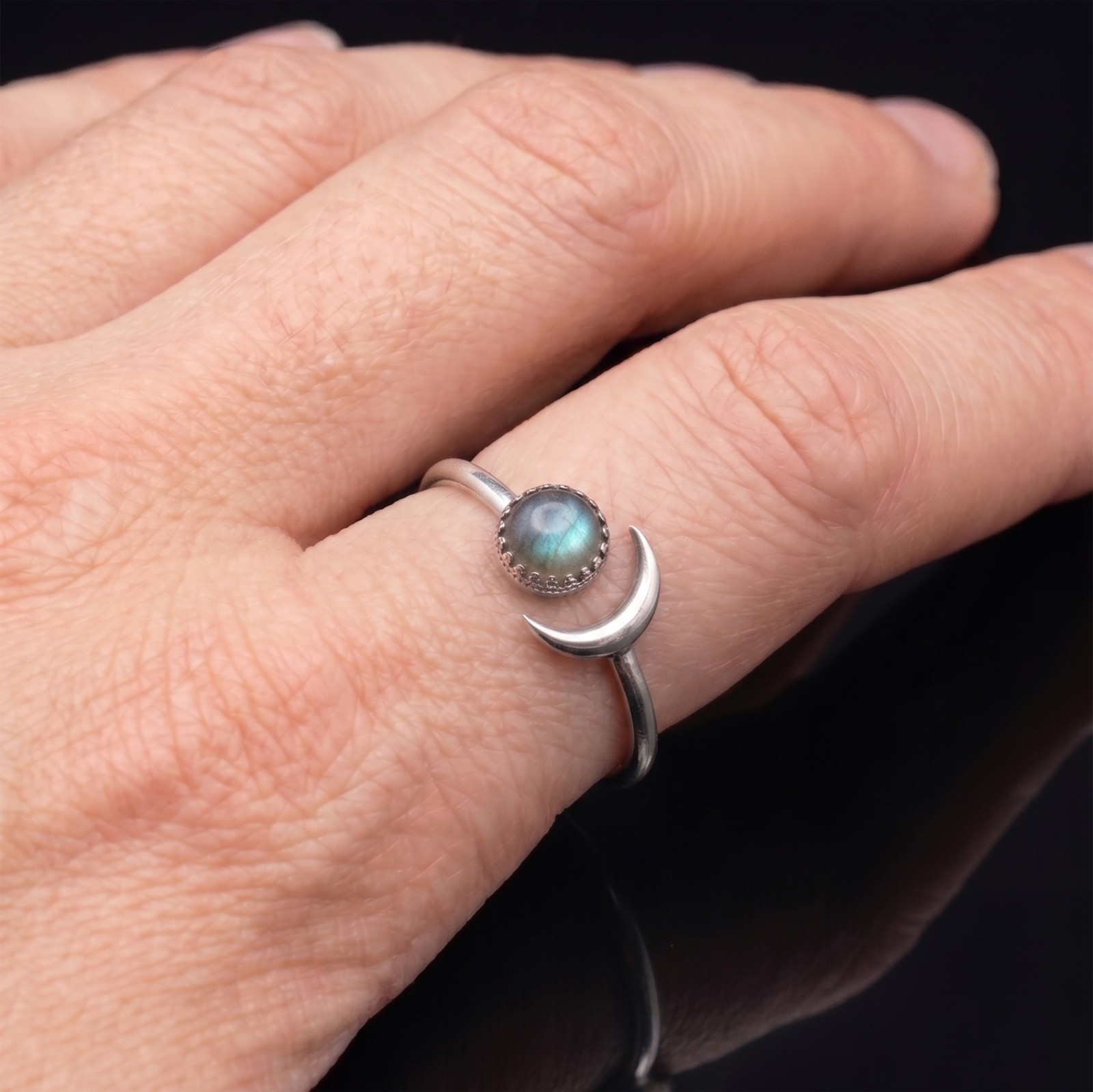 Sterling Silver Labradorite Moon Ring - Boho Celestial Crescent Bypass Ring