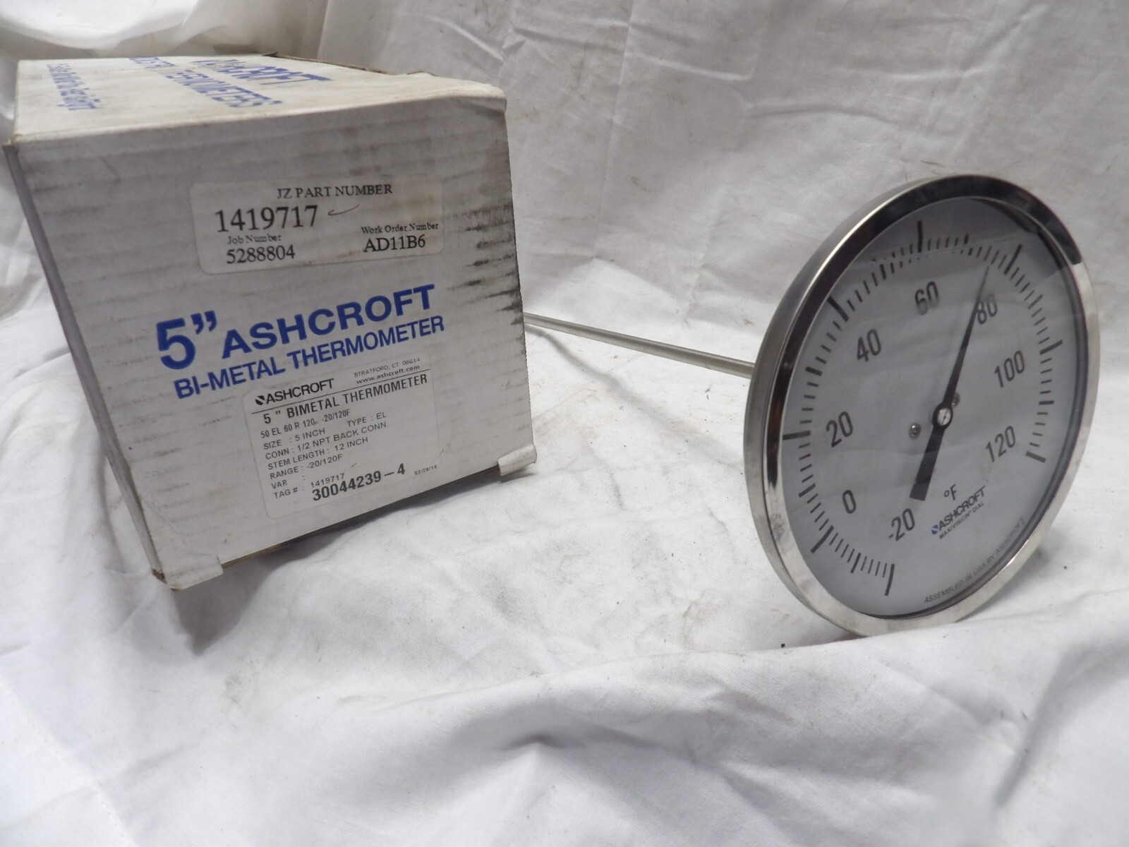 Ashcroft 5" Bimetal Liquid Filled Thermometer - 12" Probe - Range -20/120 F
