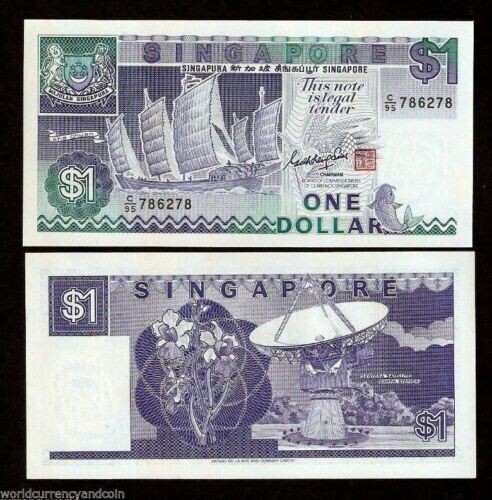 Singapore 1 DOLLAR P-18A ND 1987 Junk Ship Satellite UNC Singaporean Money NOTE