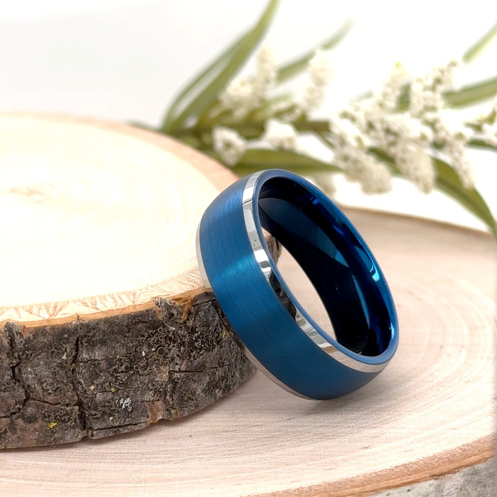 Blue & Silver Tungsten 8MM Ring Brushed Center Step Edge Band For Christmas Gift