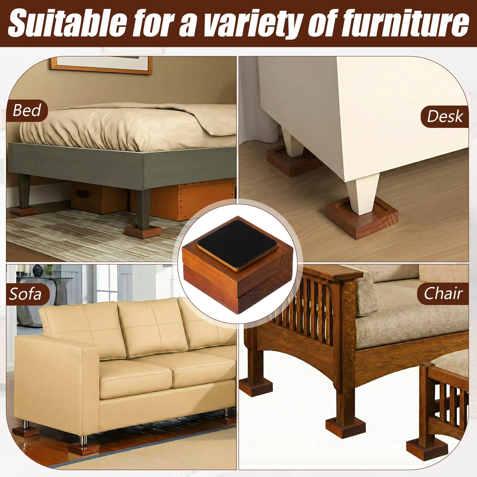 8 Pack Bed Risers Solid Wood Lifts Height Adjustable 1-4 Inch Walnu