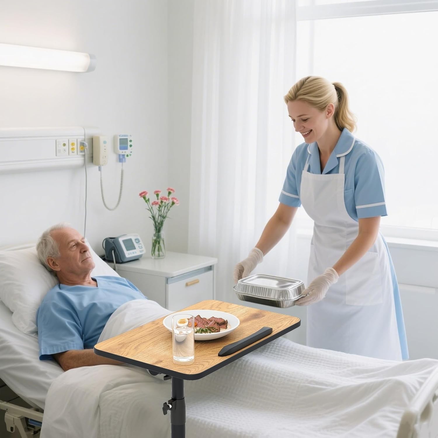 Overbed Table W/ Wheels Medical Adjustable Bedside Table Mobile Standing Desk