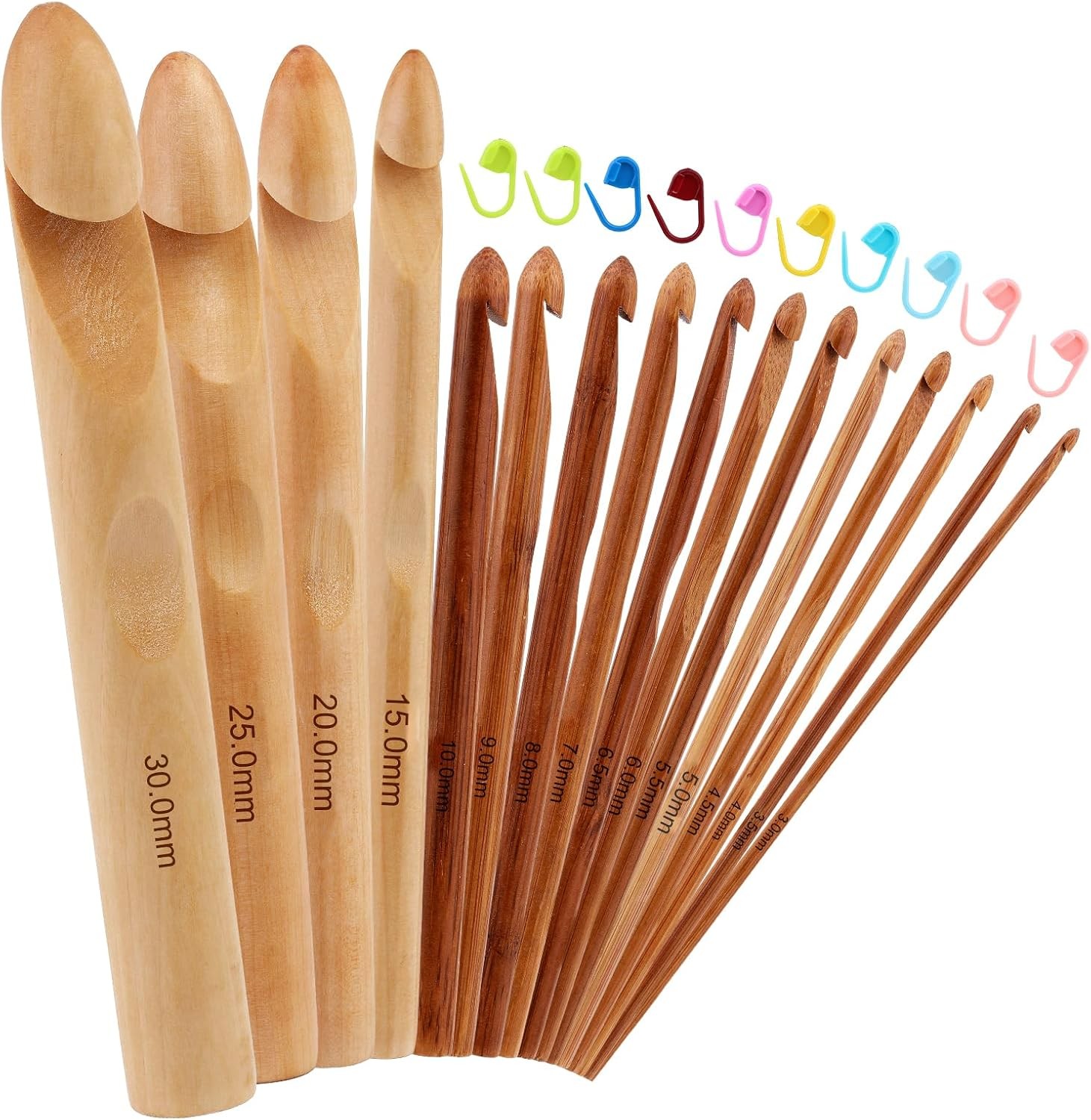 16 Pieces Wooden Crochet Hooks, 3 to 30 mm in Diameters Handle Crochet Hook Knit