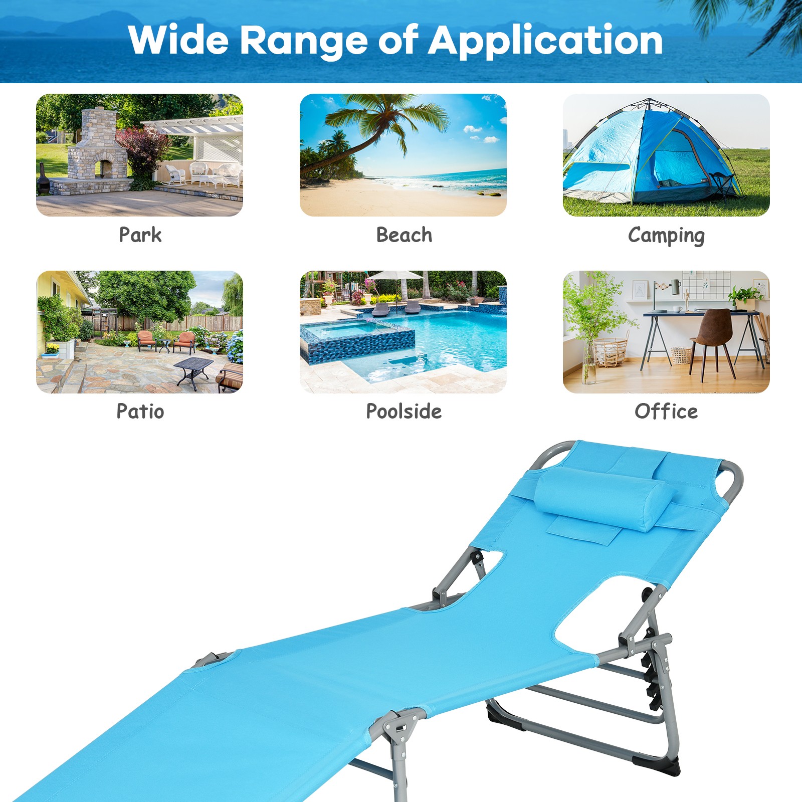 Costway Outdoor Beach Lounge Chair Folding Chaise Lounge with Pillow Turquoise