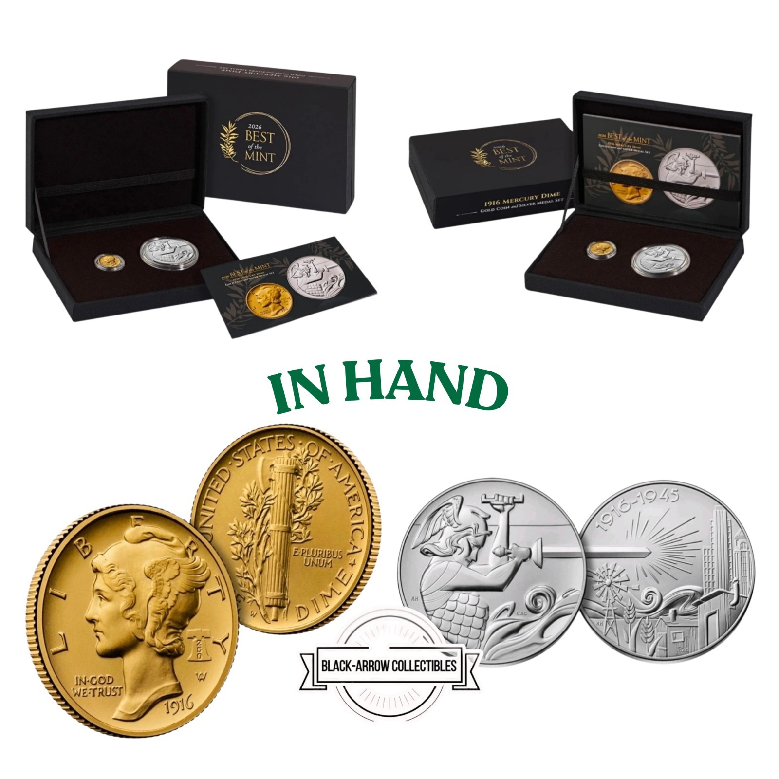 2026 Best of the Mint 1916 Mercury Dime Gold Coin Silver Medal Set IN HAND
