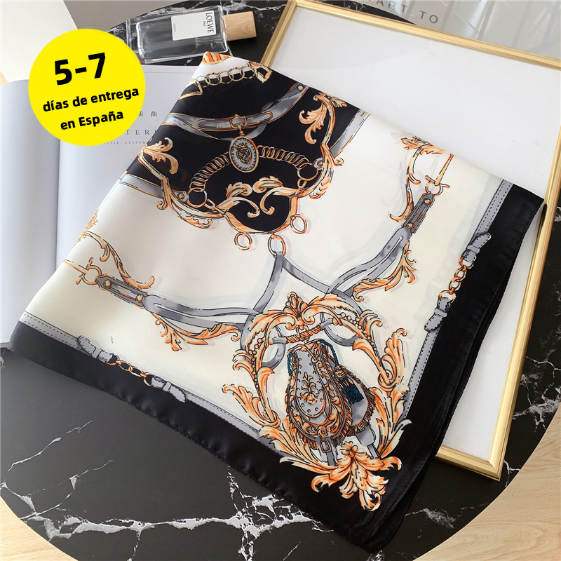 2022 Spring Square Scarf for Women Design Chain Print Silk Feeling Hair Band Fou