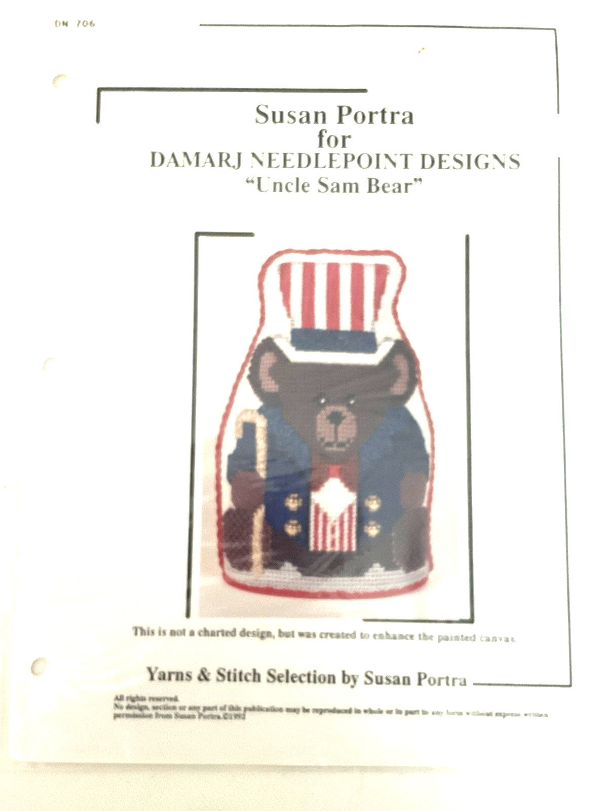Susan Porta for Damarj Needlepoint Designs Uncle Sam Bear Stitch Guide New