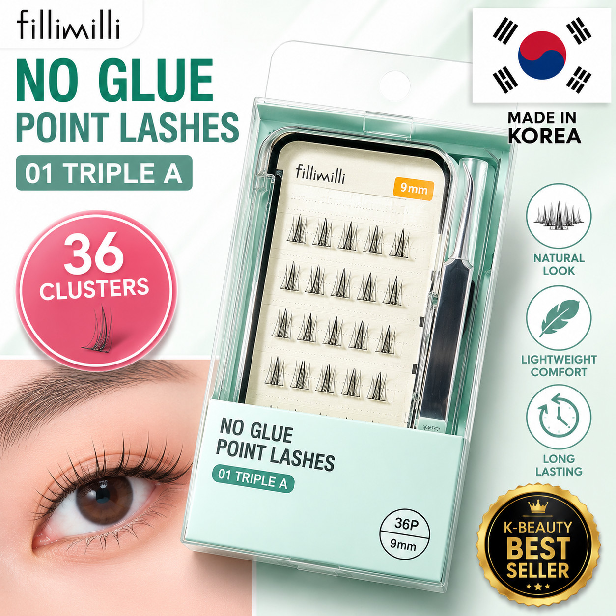 Fillimilli No Glue Point Piece Lashes 01 Triple A 9mm 36P with Tweezer K-Beauty