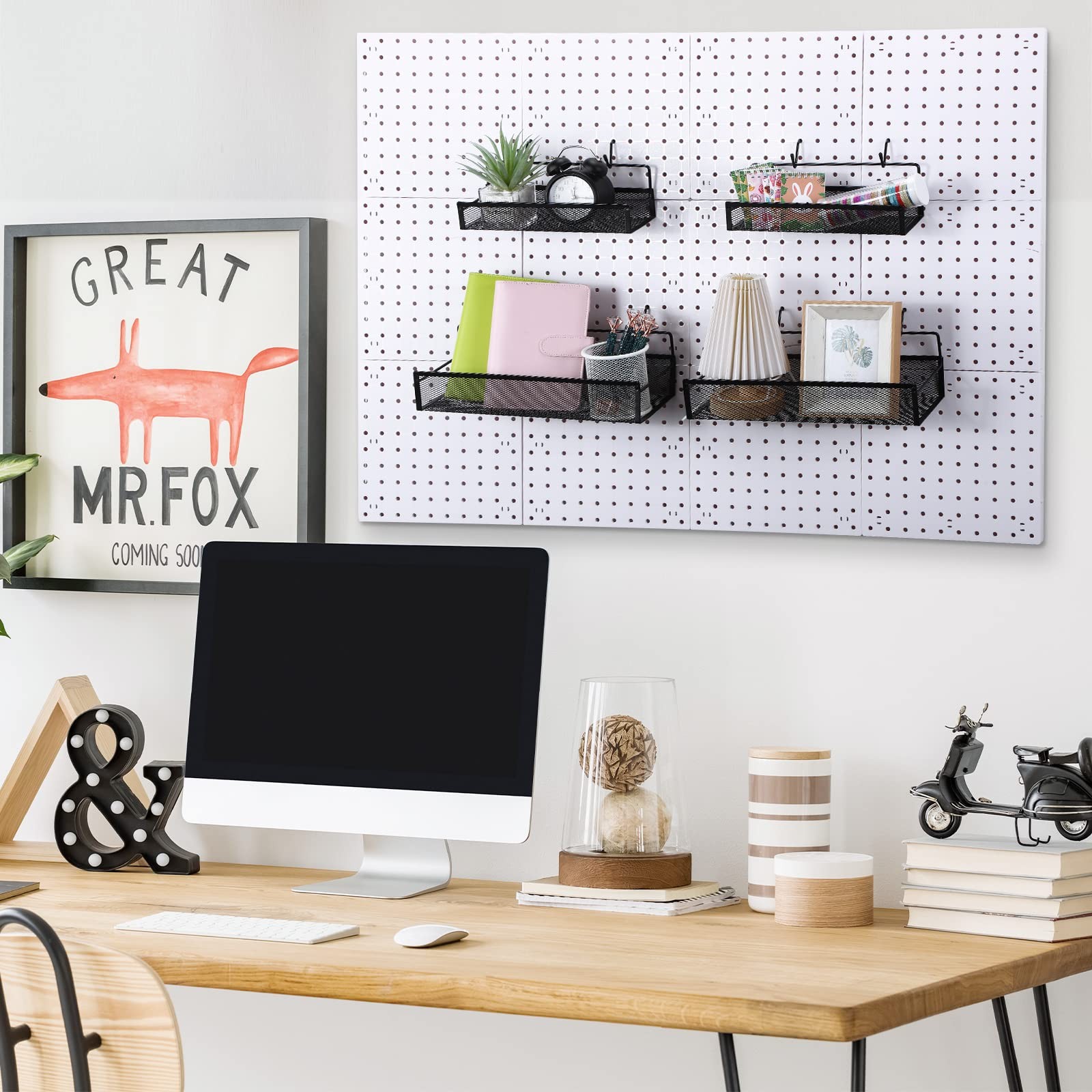 4 PCS Metal Pegboard Baskets with 8 Black Hooks Organizer Accessories