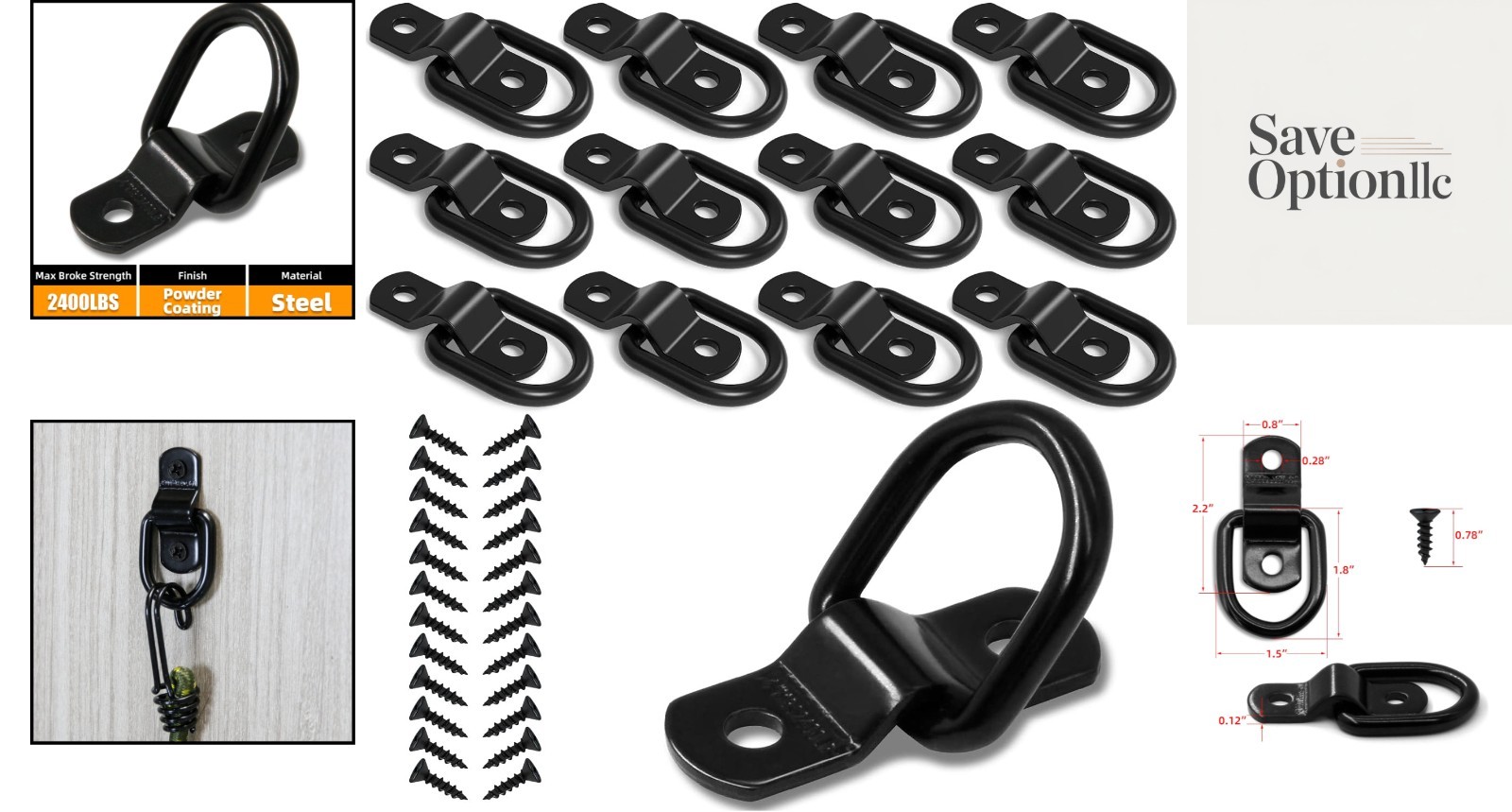 12 Pack D Rings Tie Down Anchors Hooks with Screws for Trailer Truck Bed Bracket