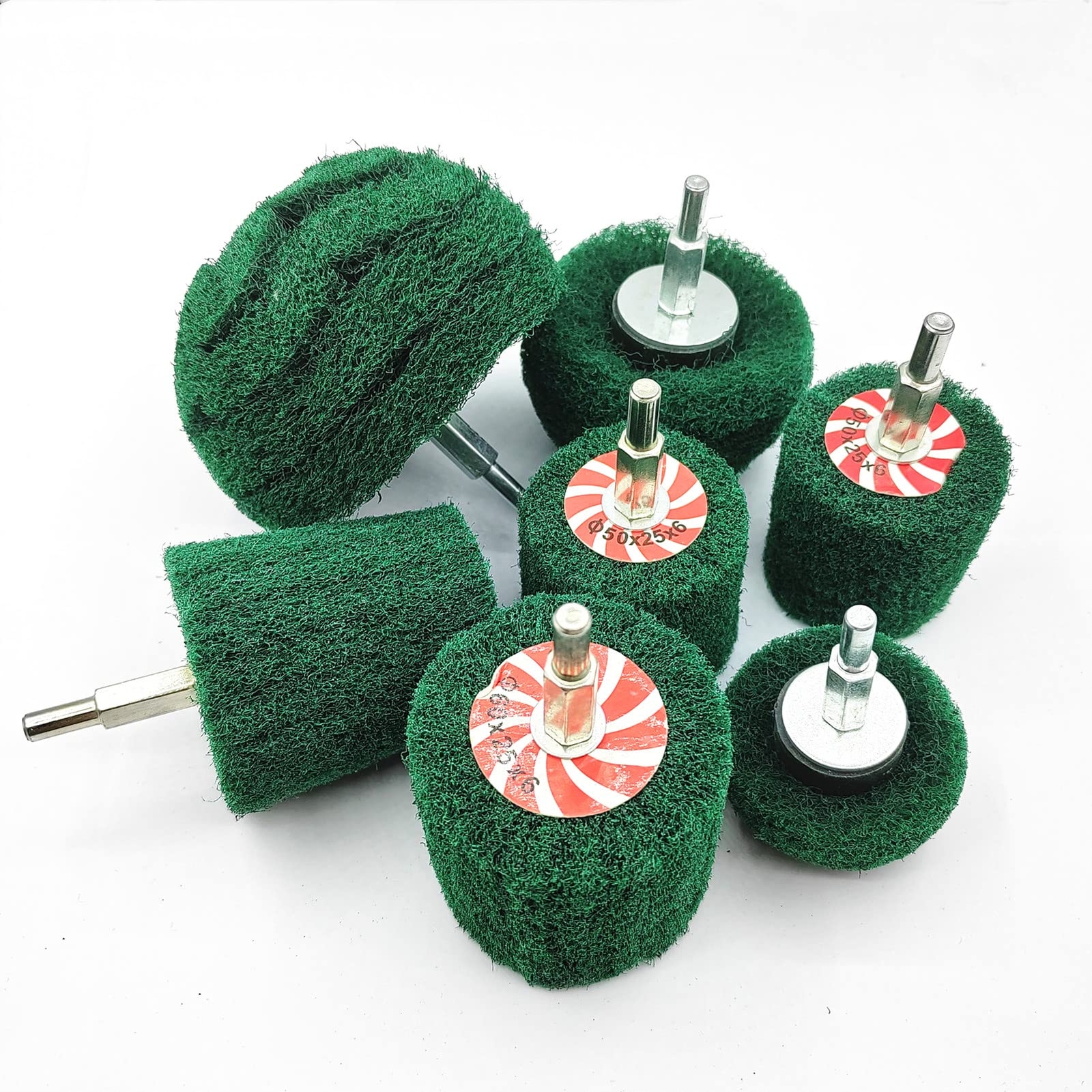 7 Pcs Green Abrasive Buffing Wheels With 1/4" Shank Non Woven Buffing Wheels Dri