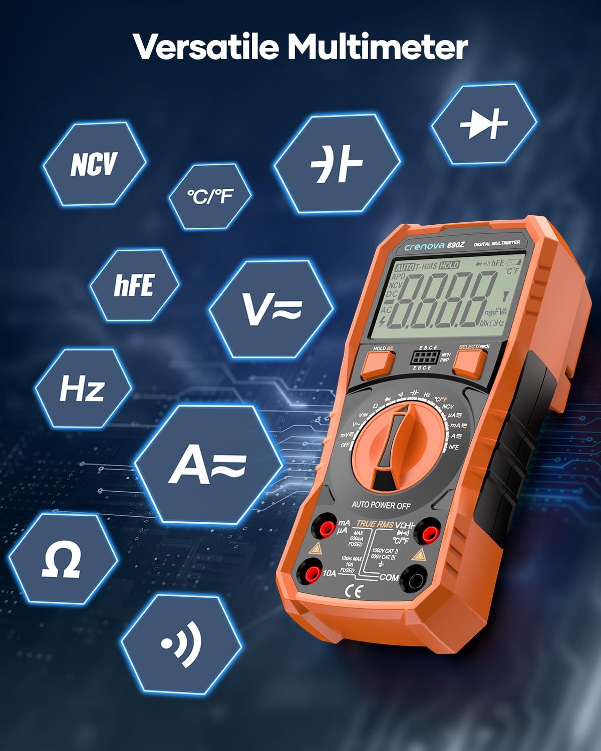 Auto-Ranging Digital Multimeter TRMS 6000 Counts AC DC Voltmeter Ohmmeter