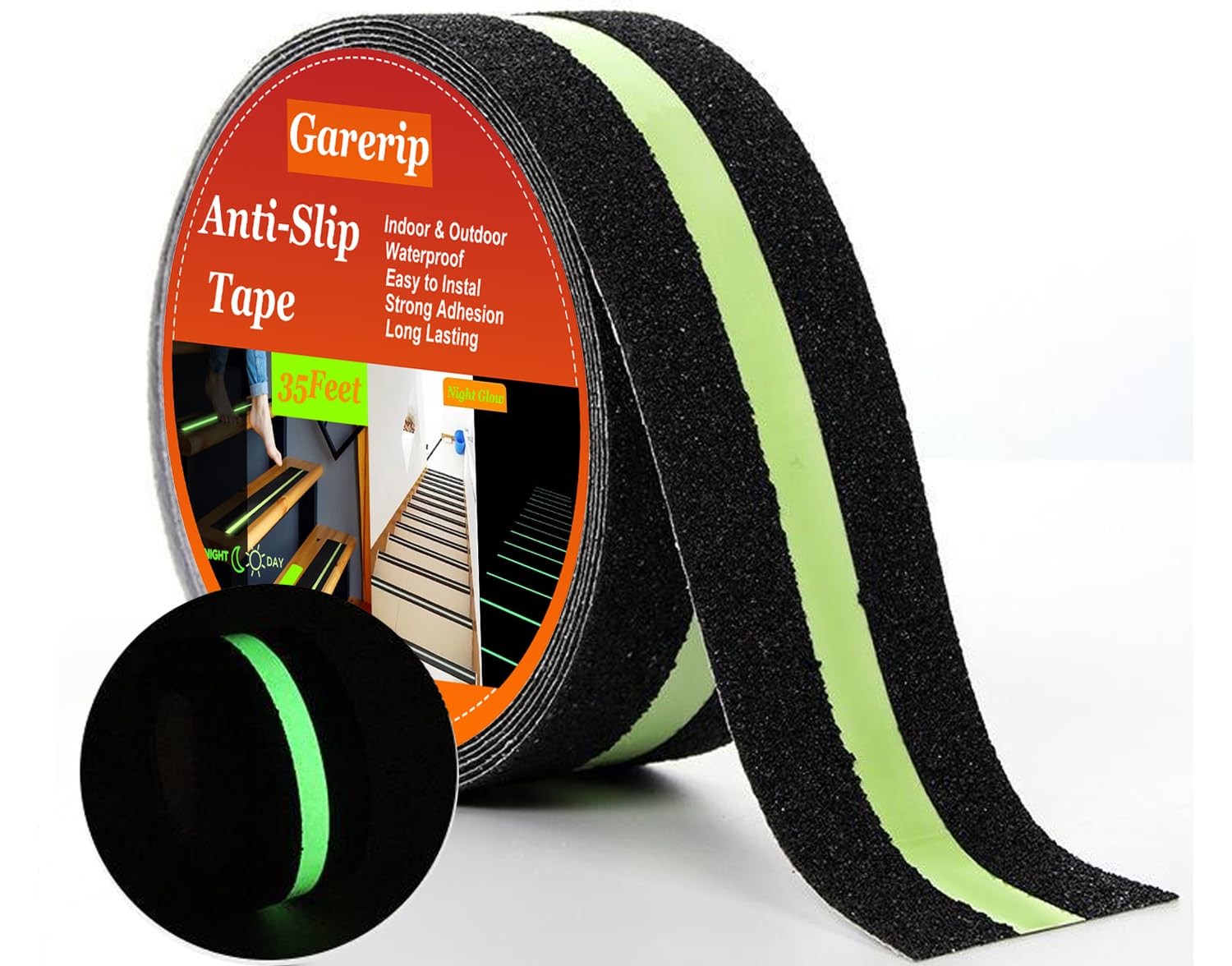 Garerip Anti Slip Traction Tape, 2 Inch x 35 Feet, #01Black with Glow in Dark