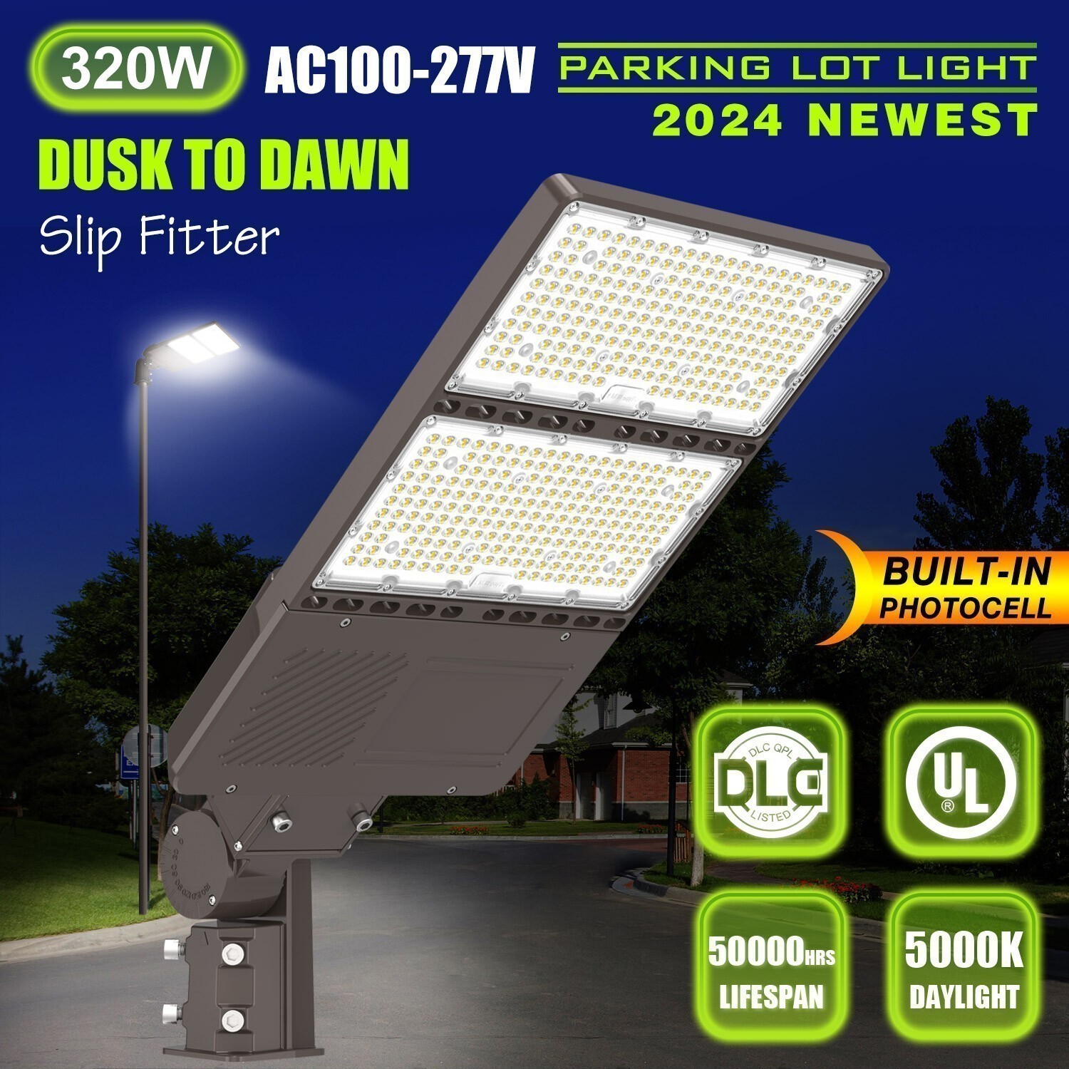 320W LED Parking Lot Light 21000 Lumen,Shoebox Area Flood Light with Slip Fitter
