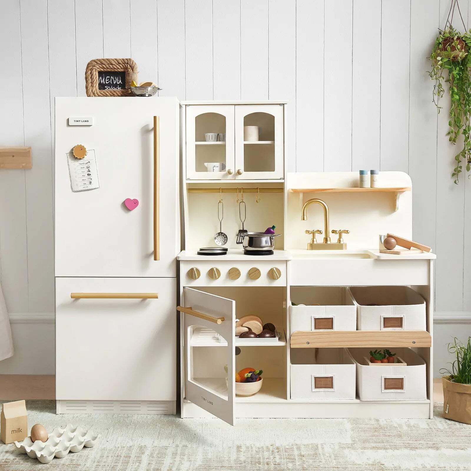 Tiny Land® Play Kitchen Accessories – Play Kitchen Fridge: Wooden Cabinet Refrig