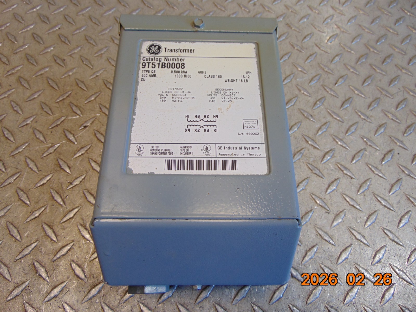 GE 9T51B0008 0.500kVA TRANSFORMER TYPE QB 1-PHASE PRI: 240/480V SEC: 120/240V