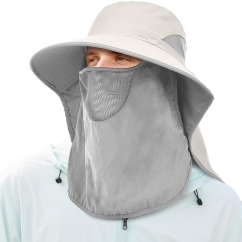 Men&Women Wide Brim Fishing Ponytail Sun Hat with Removable Face One Size Beige