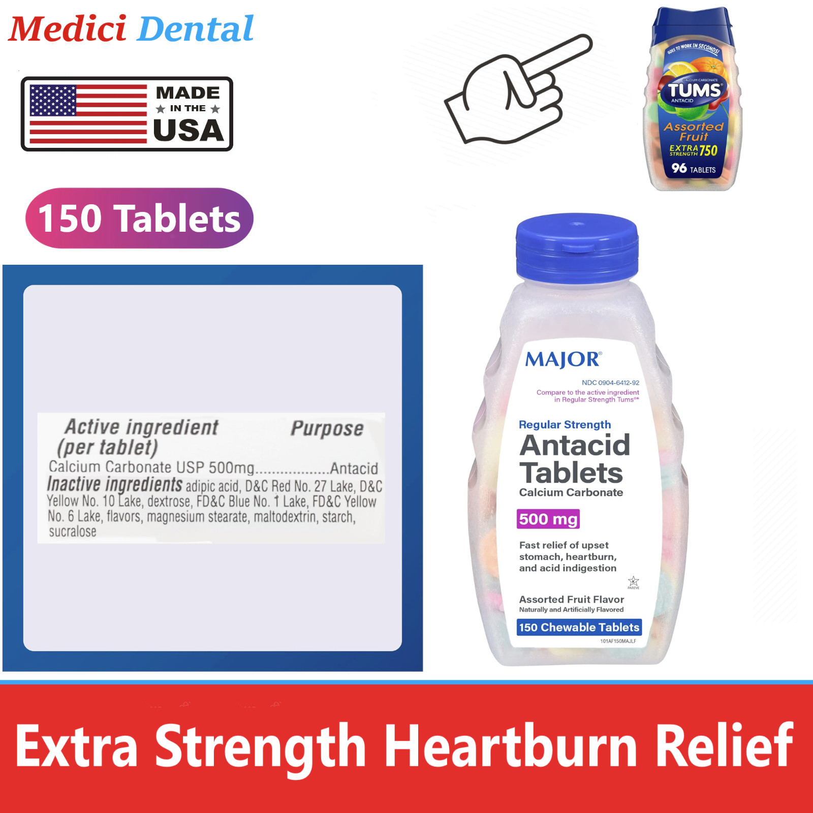 MAJOR Calcium Antacid Chewable Tablets, Assorted Fruit Flavors, 500 mg, 150/Pk