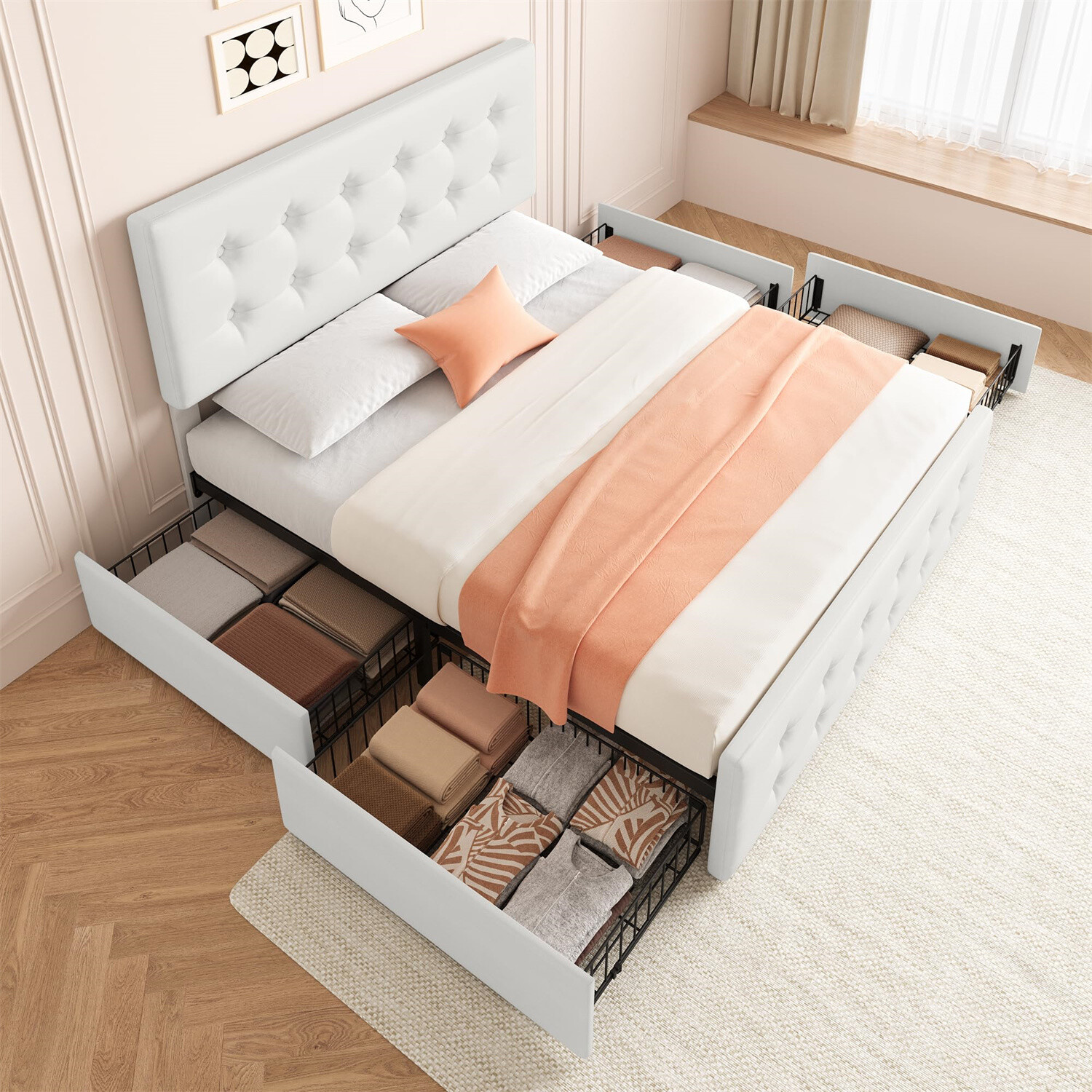 Full Size Bed Frame with 4 Storage Drawers and Headboard Upholstered Platform