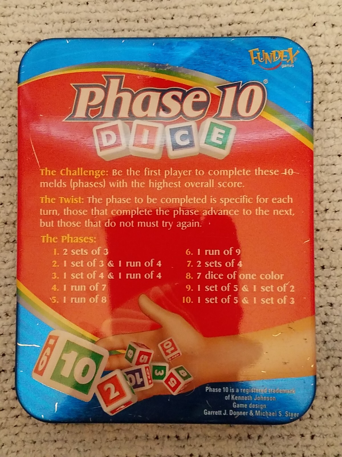 Phase 10 Dice Game in Blue Tin Fundex 2008