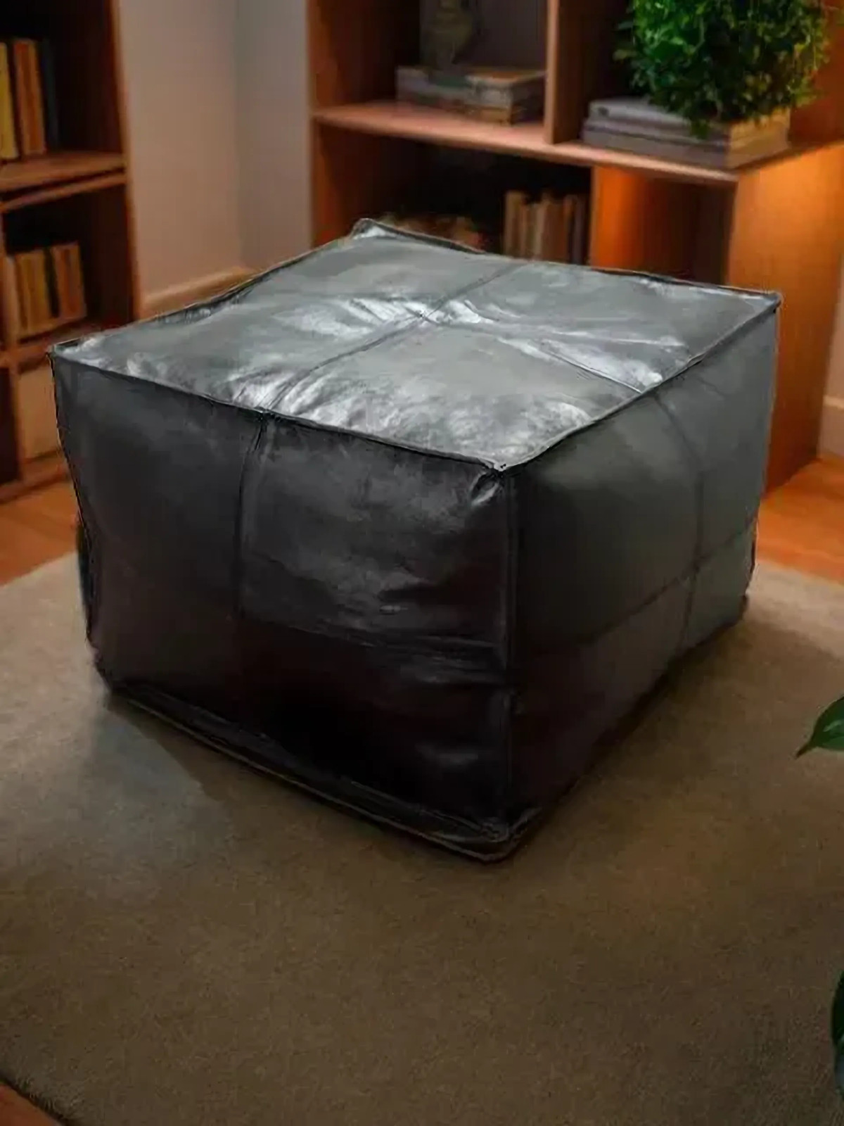 20'' Wonderful Moroccan Ottoman Footstool Black Boho Pouffe Leather Unstuffed