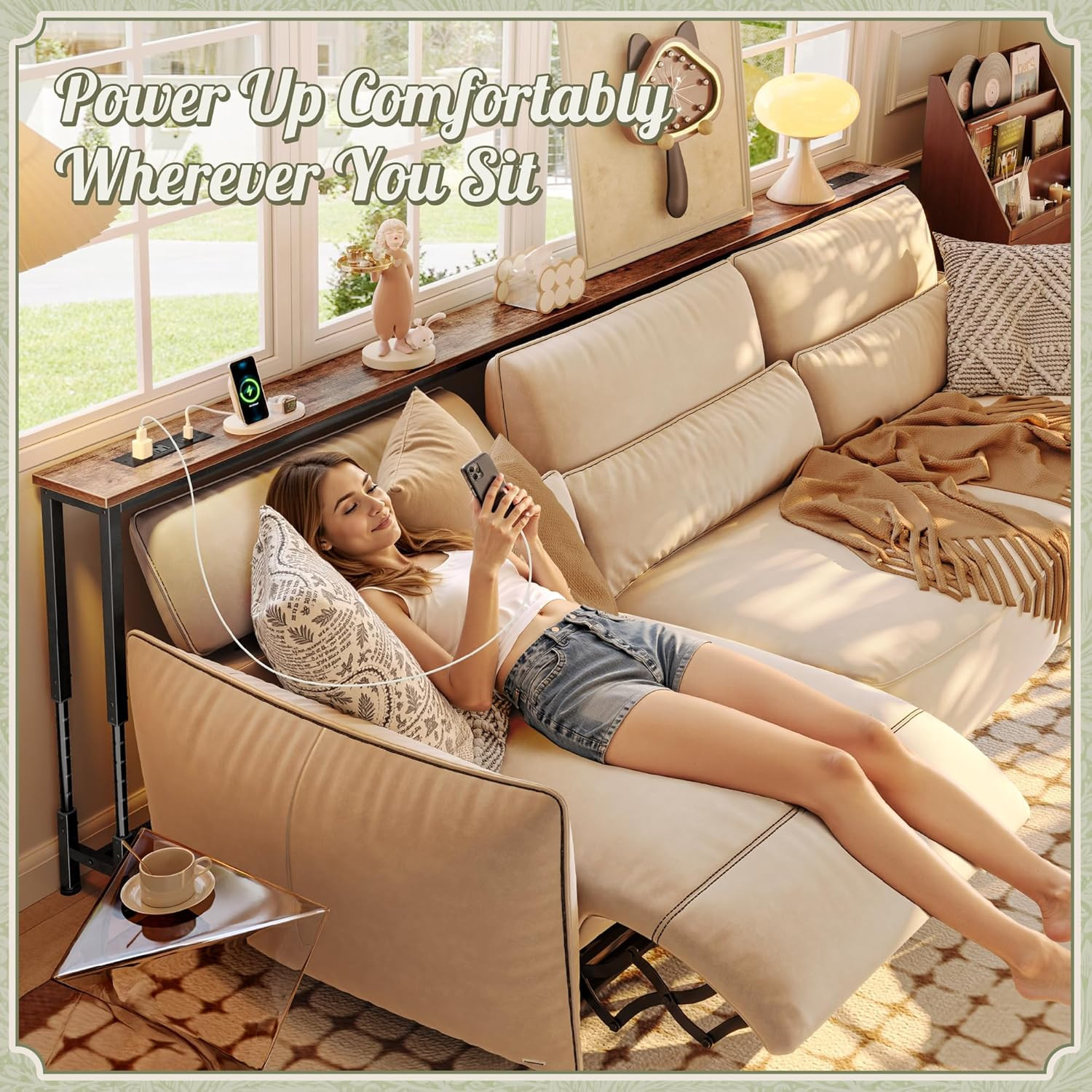 102.4 Inch Sofa Table with Power Outlets, 23.9’’-34.4’’ Height Adjustable Range,
