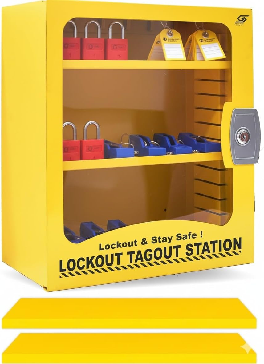 Lockout Tagout Kit Cabinet, Industrial Yellow, Wall Mount | OSHA Compliant Steel