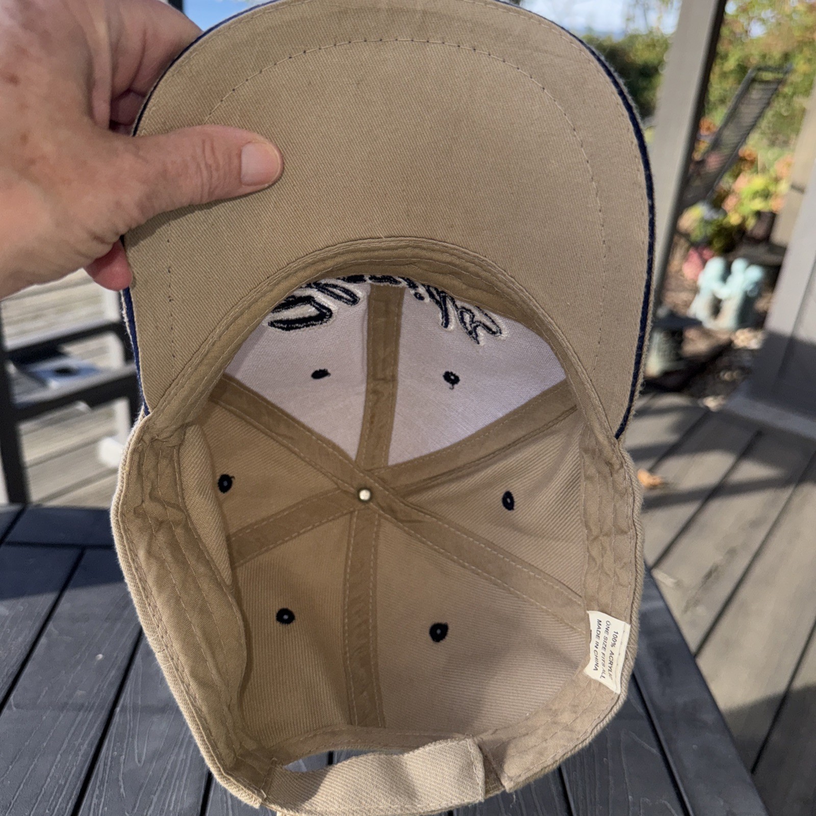 Florida Script navy And White on Tan Hat Cap W Eagle Hook Loop Acrylic EUC