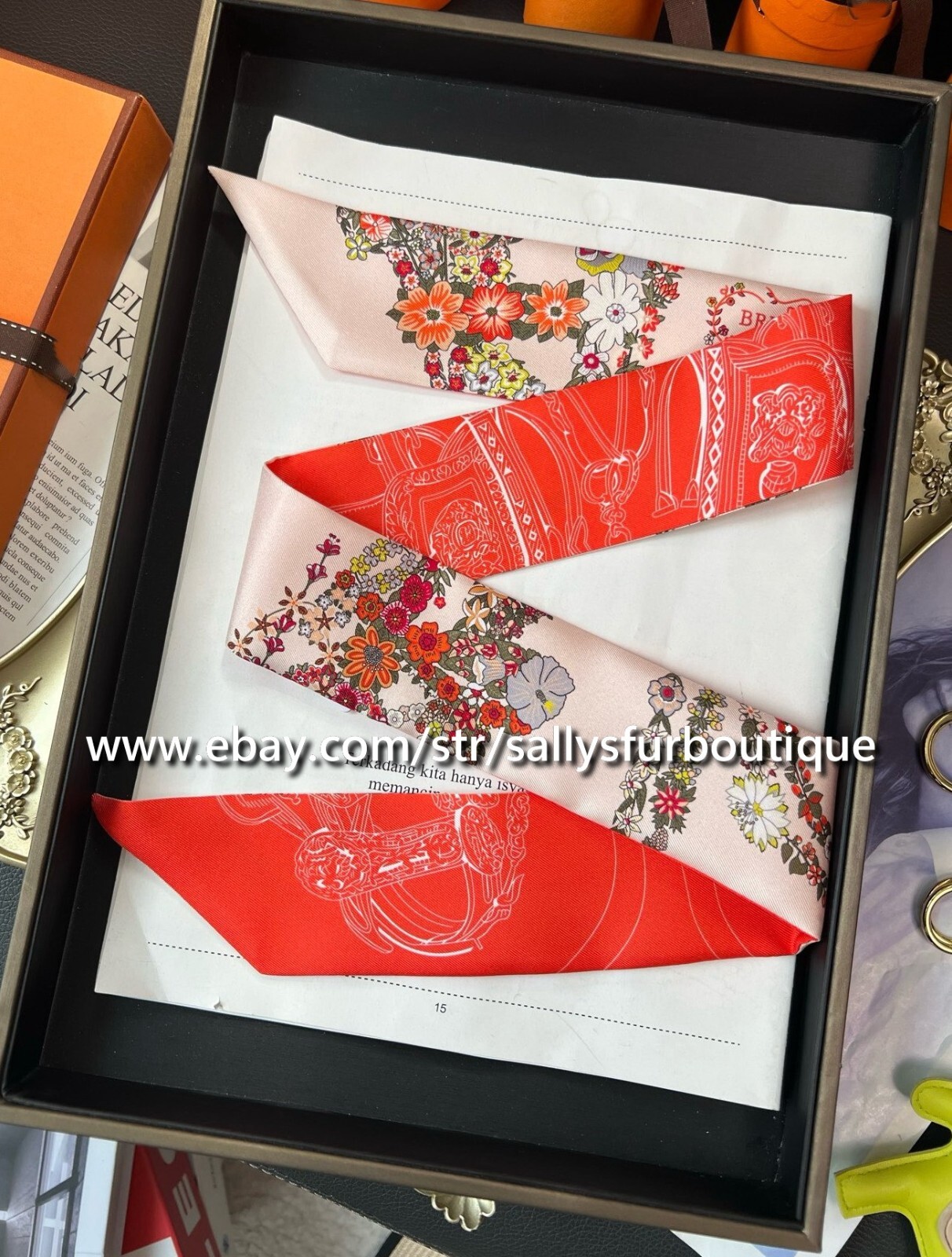 Sallys 18 Momme Twill Silk Scarf Ribbon Flowers Print Hair Bag Neck Tie 33" * 2"