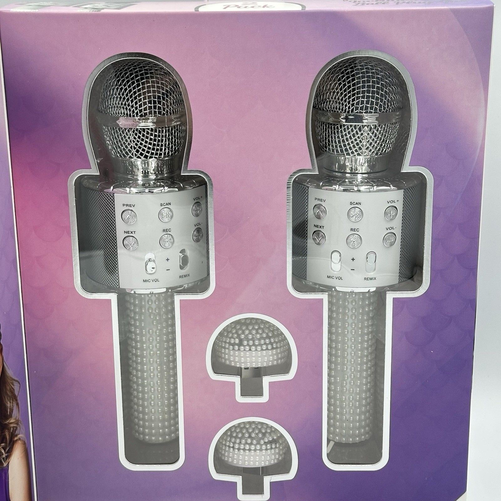 NIB Simply Tech Bluetooth Karaoke Microphone Set 2 Pack Silver Wireless Speaker