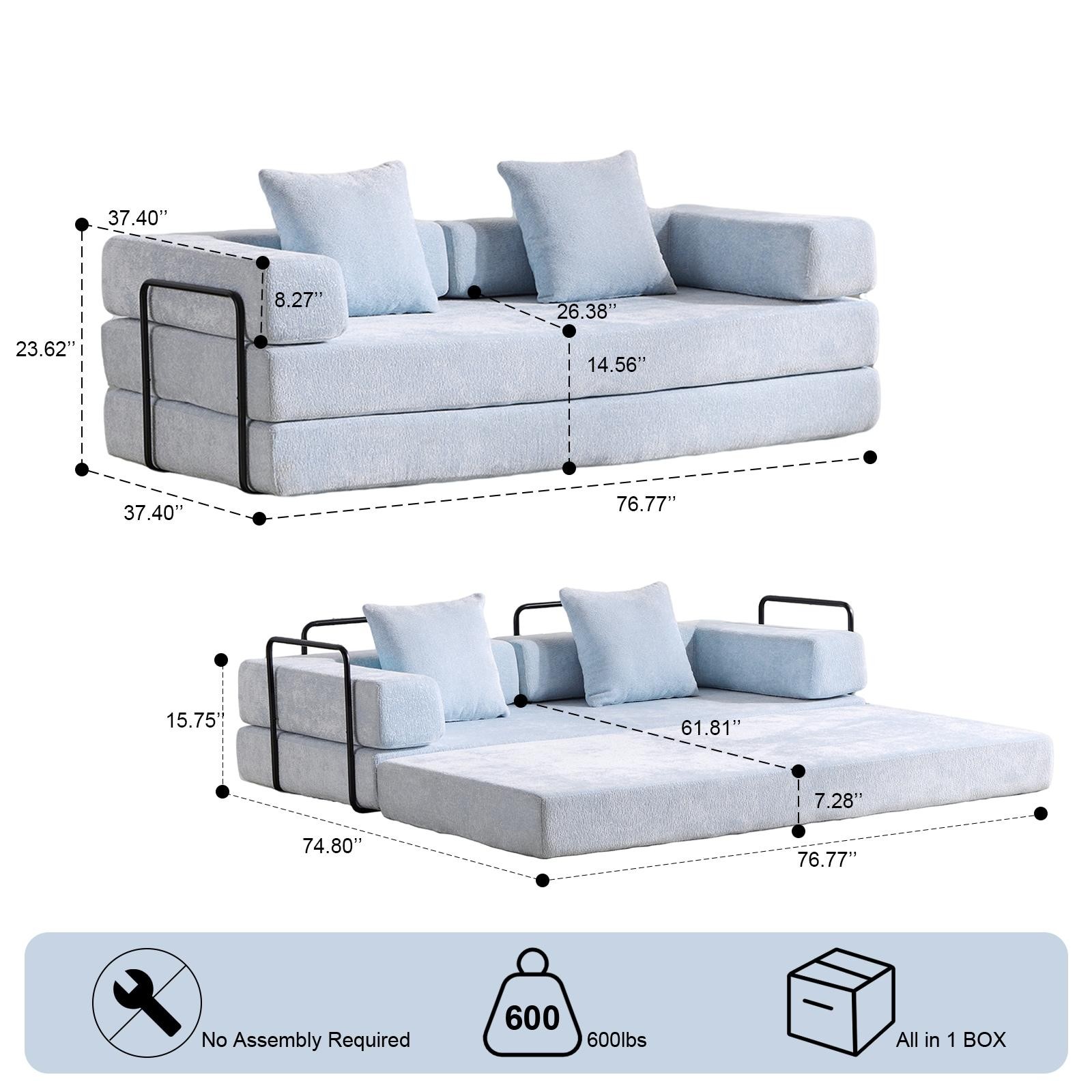 Convertible Floor Light Blue Chenille Sofa Bed W/ Pillow Armrest