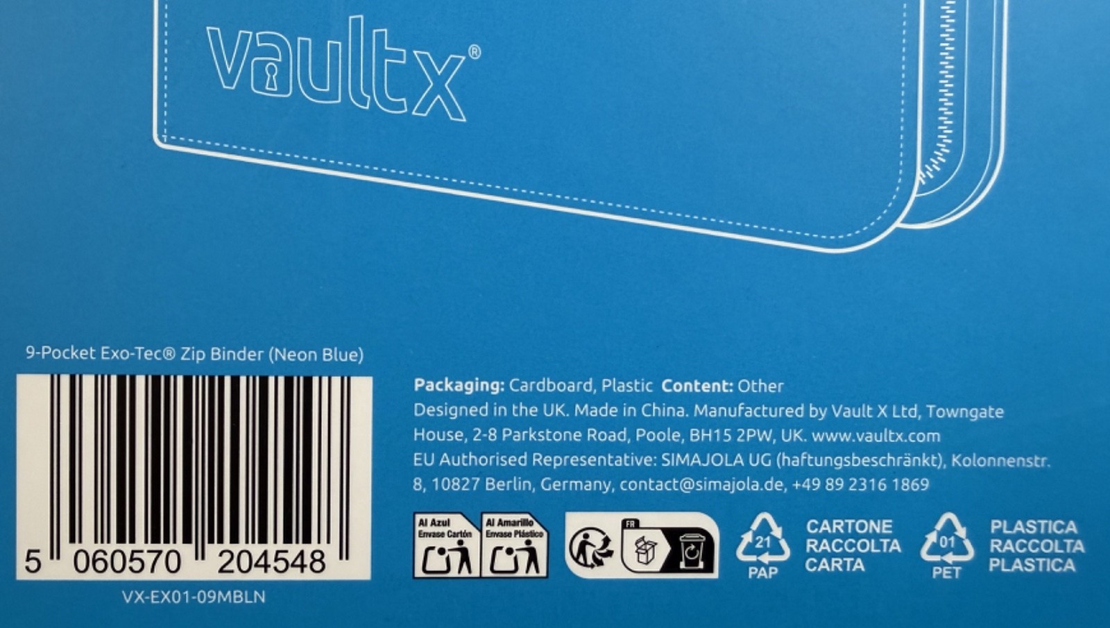 Vault X - 9 Pocket Sideloading Exo-Tec Premium Zip Binder - Neon Blue - New