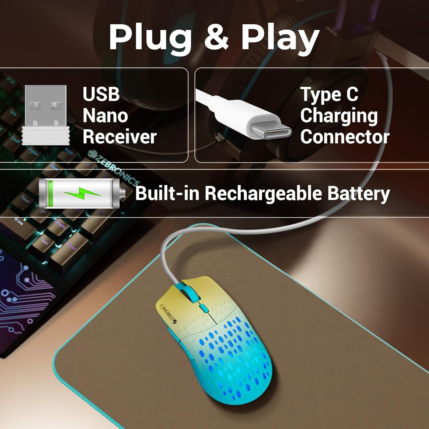 ZEBRONICS MARINE Wireless Mouse with Rechargeable Battery, BT + 2.4GHz, 6 Button