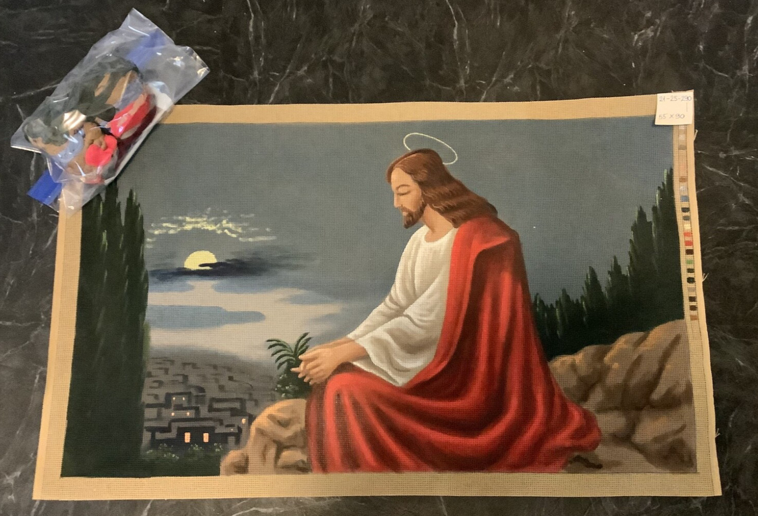 Large Vintage Christ on the Mount of Olives Painted Needlepoint Canvas Jesus