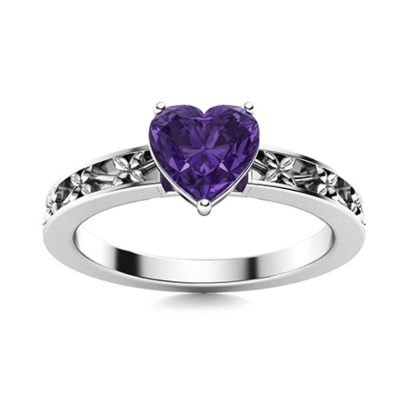 925 Silver Heart Amethyst Gemstone Mother Solitaire Crown Chakra Prong Ring